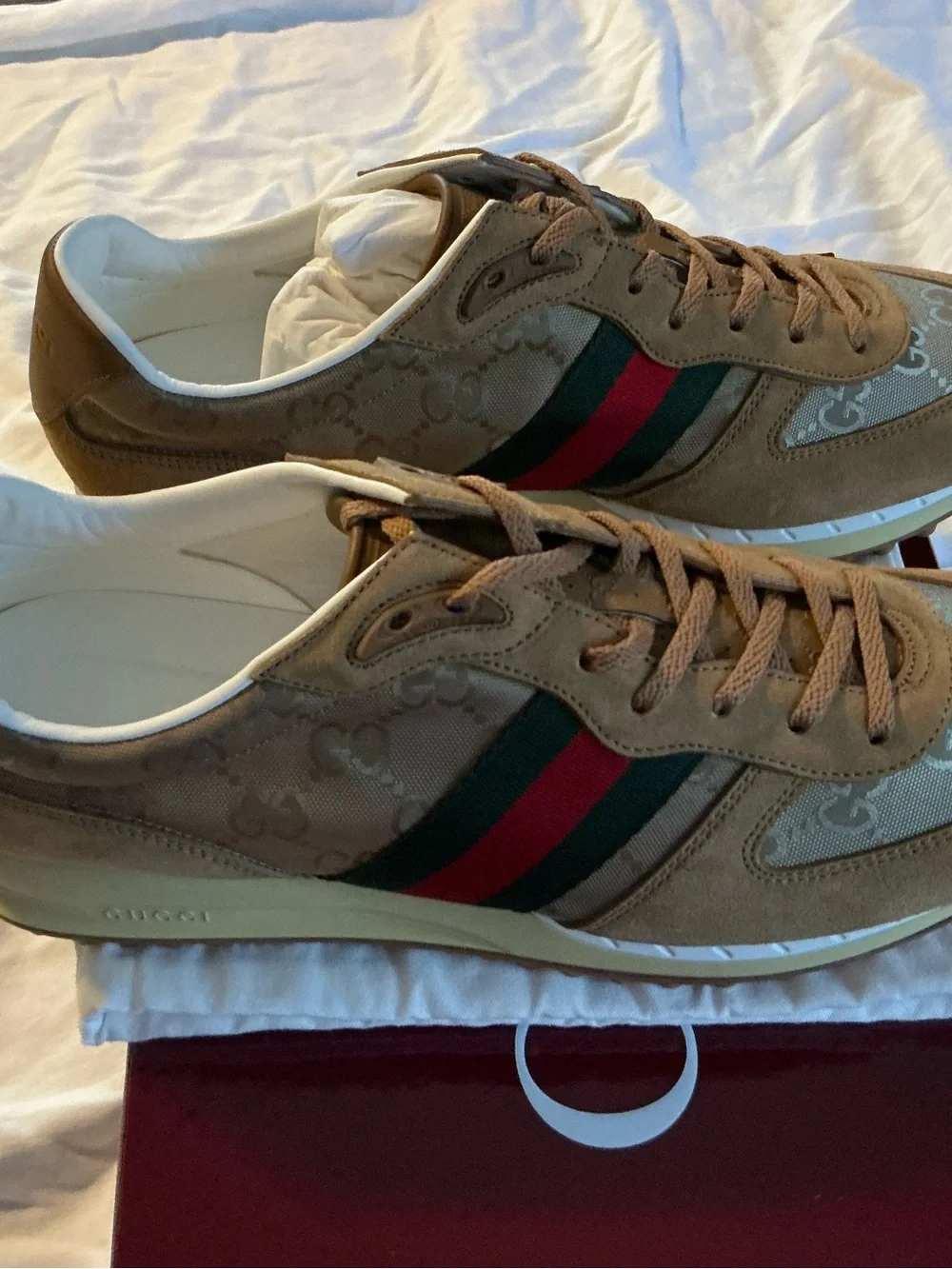 Gucci Beige Monogram Sneakers with Green & Red Web Stripe